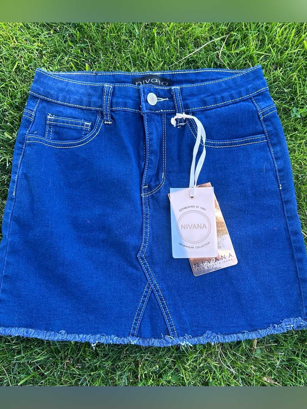 Dark Blue Denim Mini Skirt with Frayed Hem NWT - Picture 5 of 6